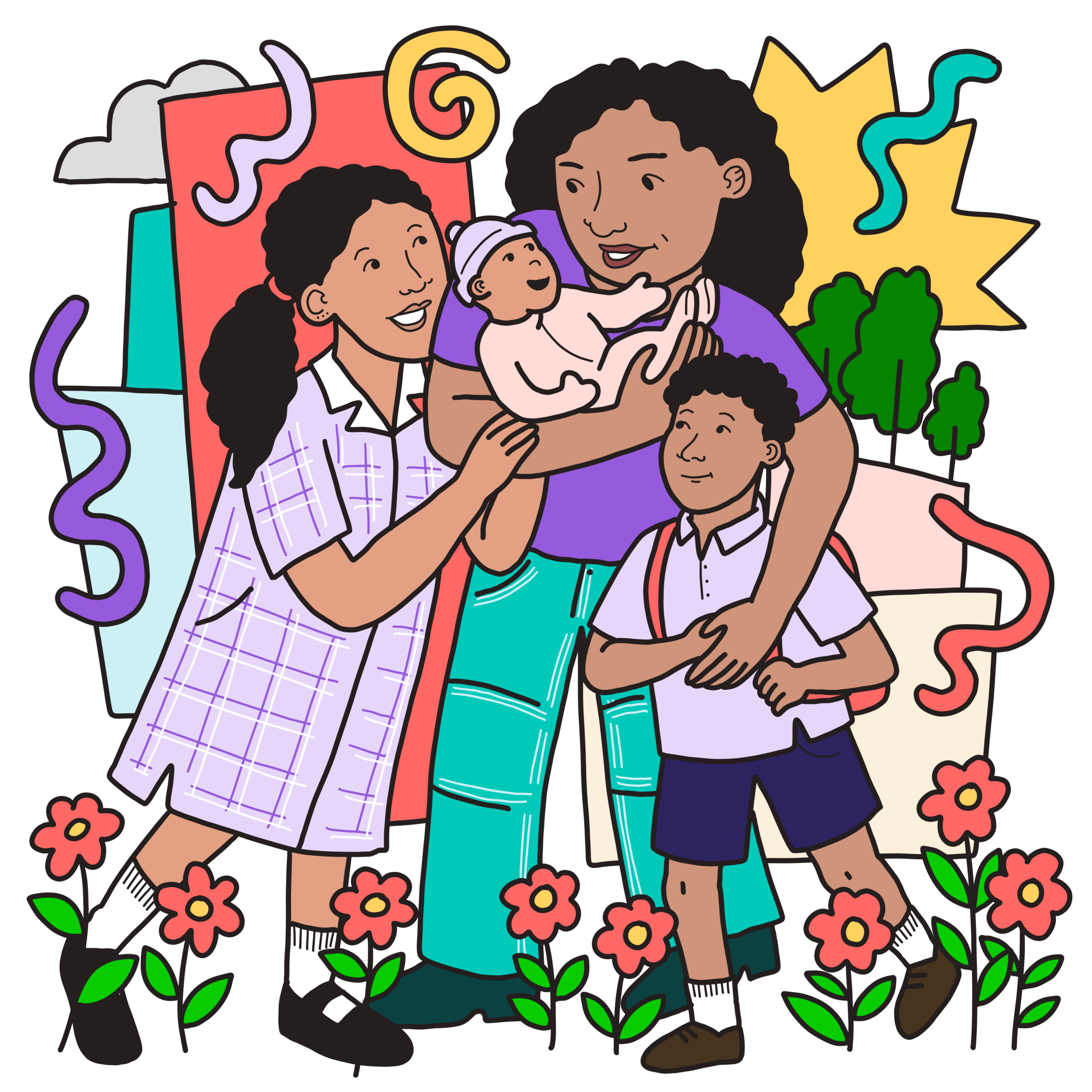 <p>Illustration of mother and three children family artwork</p>